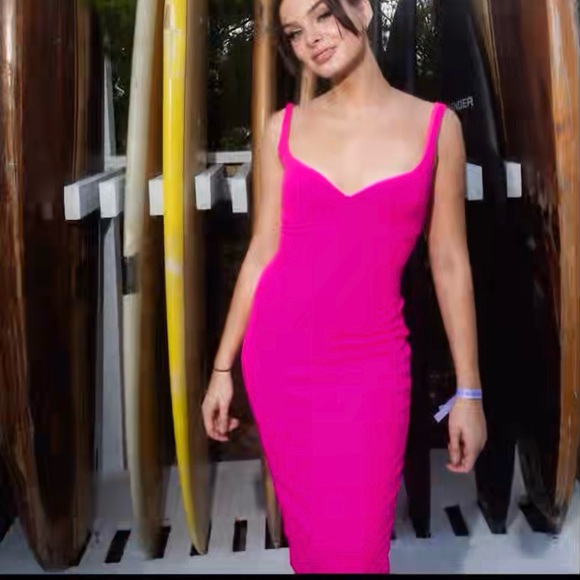 Revolve $175 Nookie S midi dress hot pink nylon small Romance neon bright crepe - Picture 8 of 9